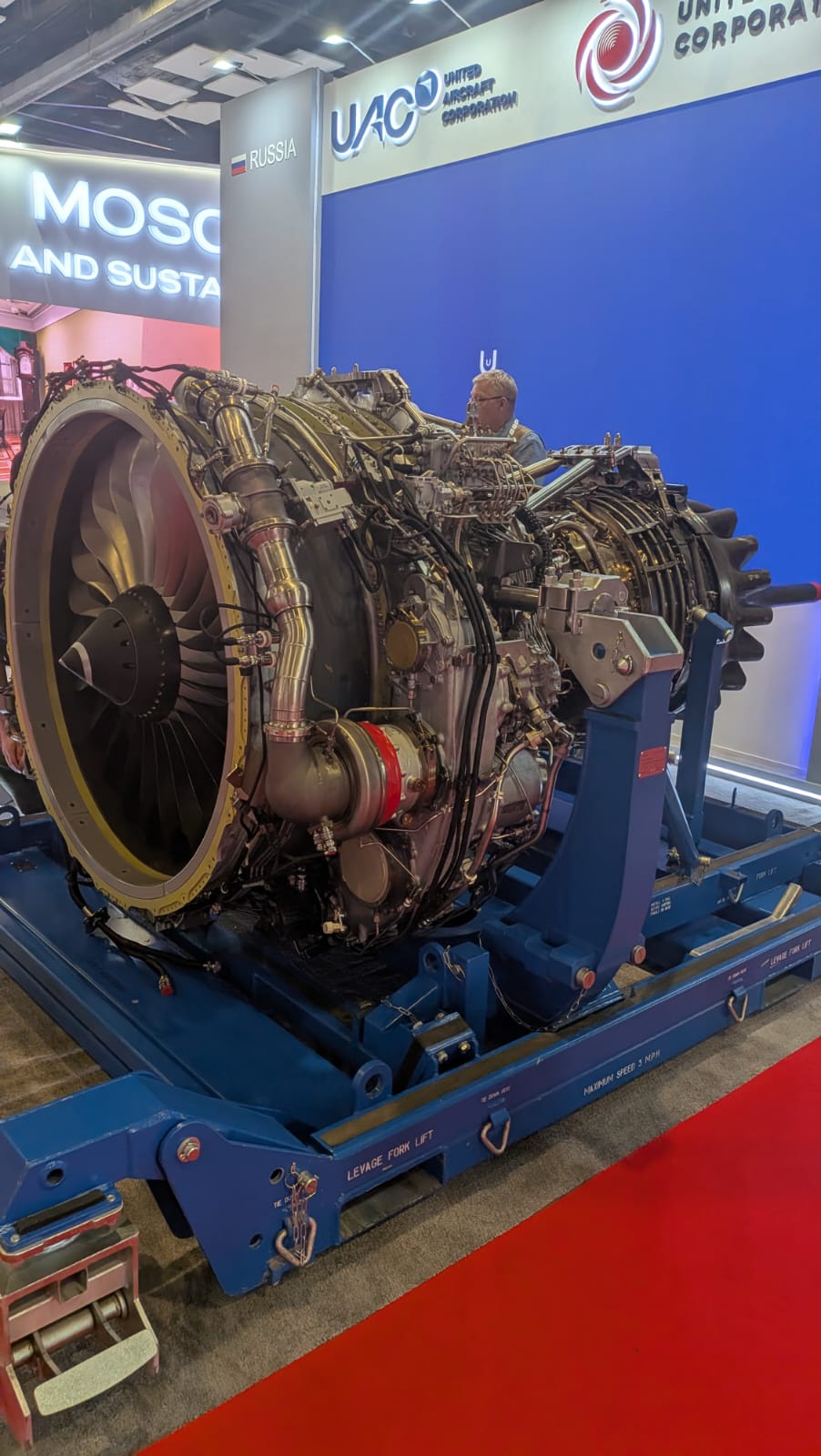 Aircraft engine on display at the United Aircraft Corporation stand